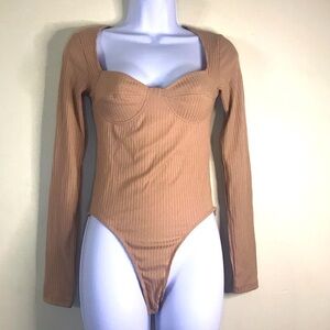 forever 21 tan ribbed long sleeve bodysuit